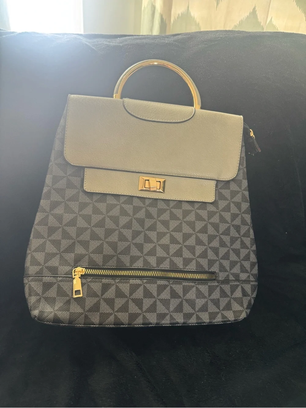 Chic Geometric Black Backpack Tote with Gold Hardware
